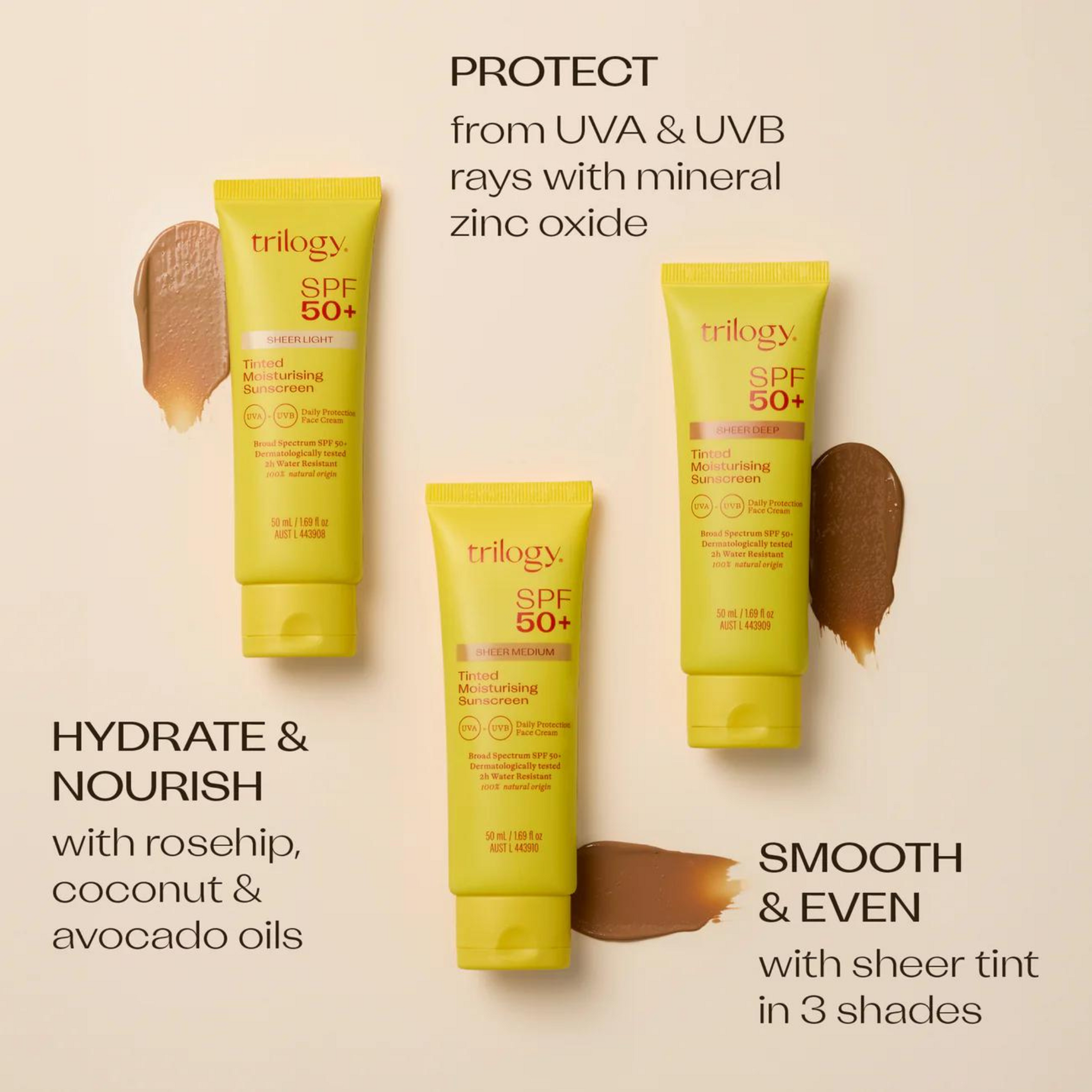 Trilogy SPF 50+ Sheer Tinted Moisturising Sunscreen, 50mL