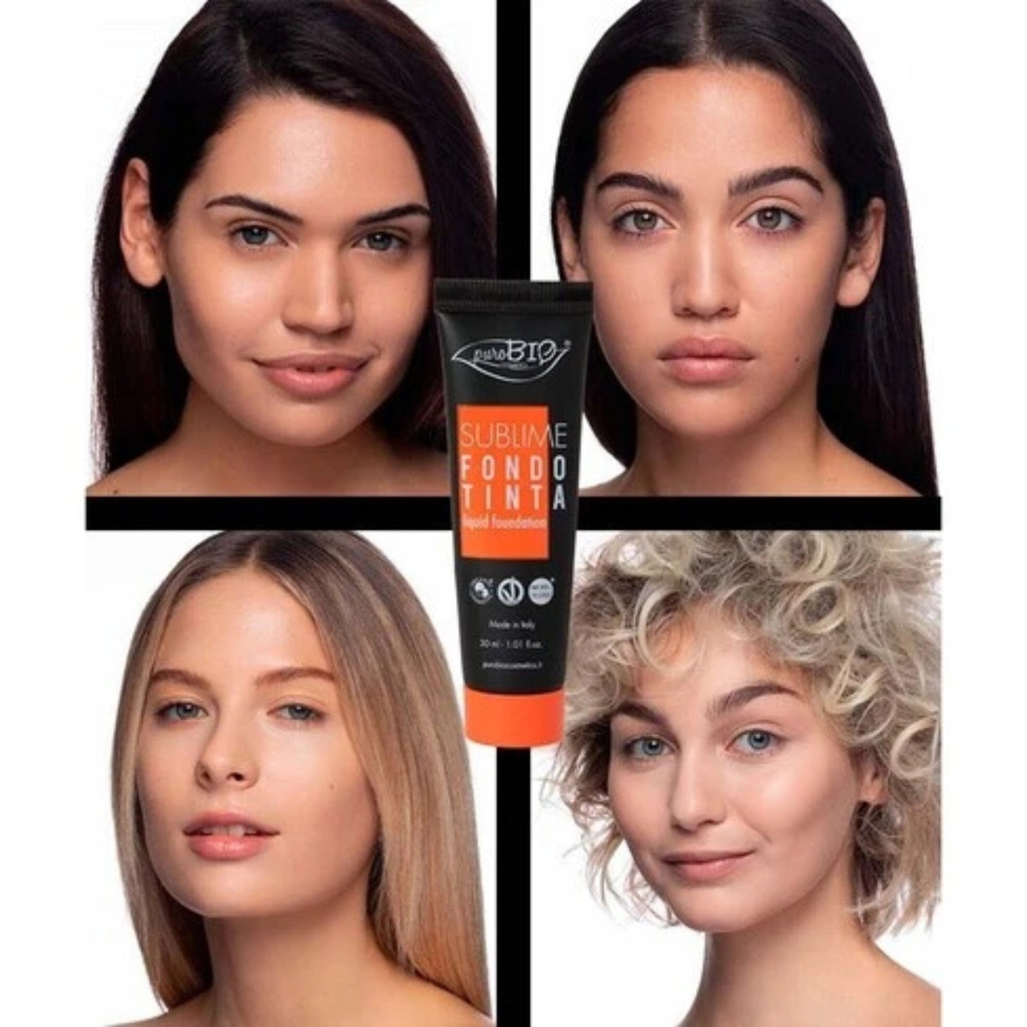 Four women with different hair colors and a bottle of 'Sublime Fondo Tinta' makeup product.