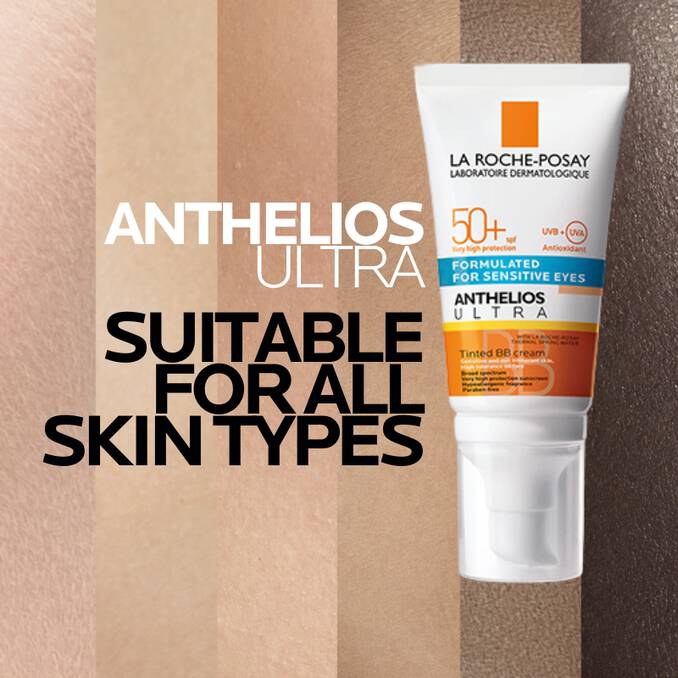 La Roche-Posay Anthelios Ultra sunscreen tube on a striped background