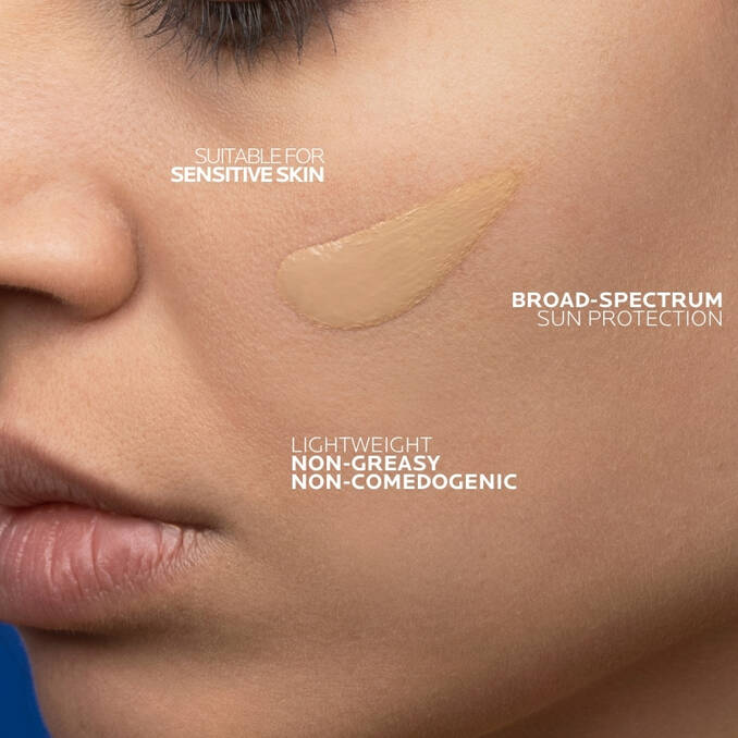 La Roche-Posay Anthelios Tinted Fluid Facial Sunscreen SPF50 application on skin with product features highlighted