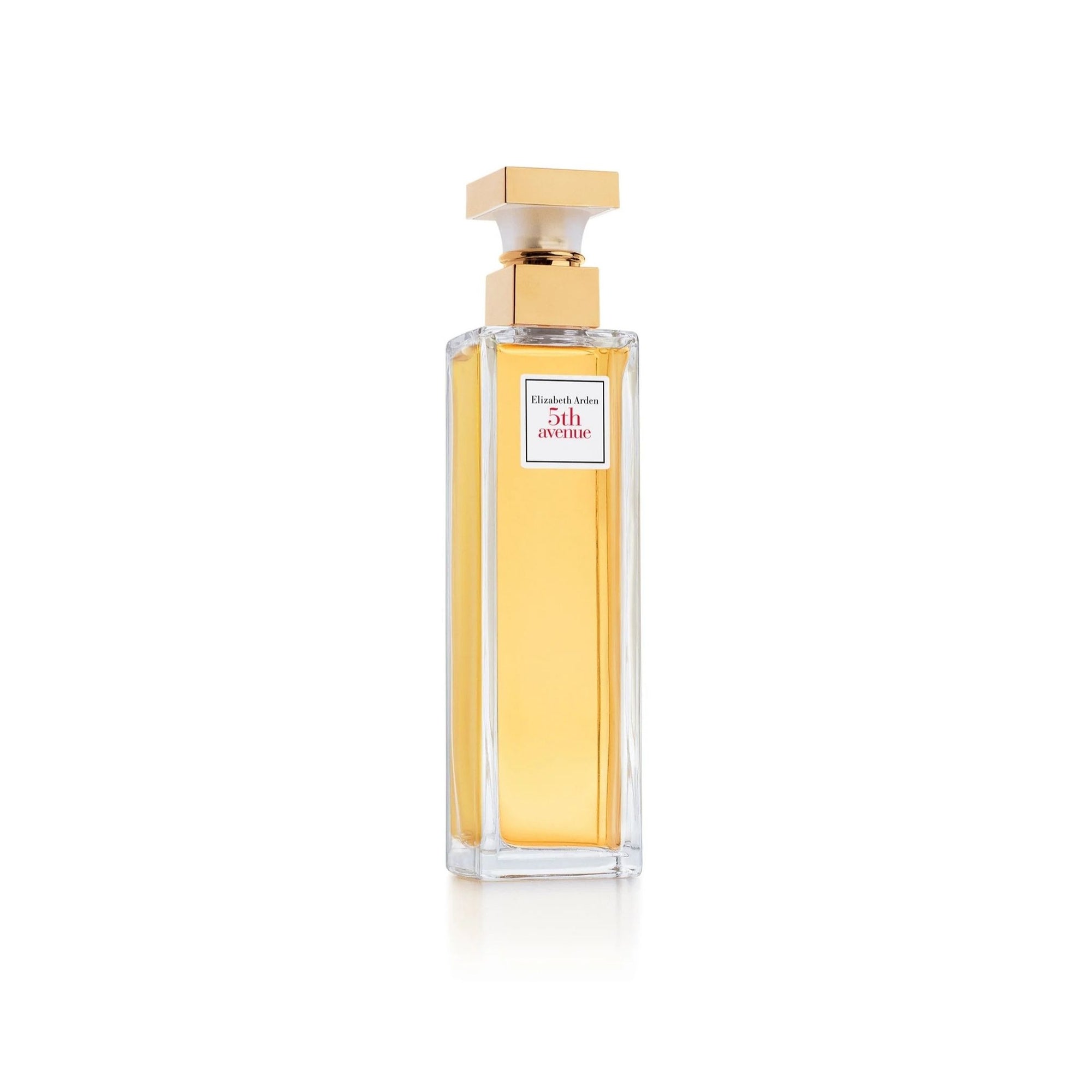 Perfume bottle with gold cap and label on a white background