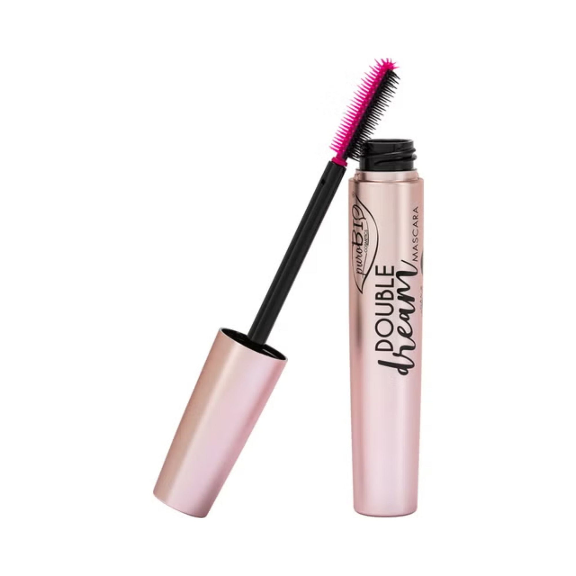 PuroBIO Double Dream Mascara & Eyeliner with pink brush on a white background