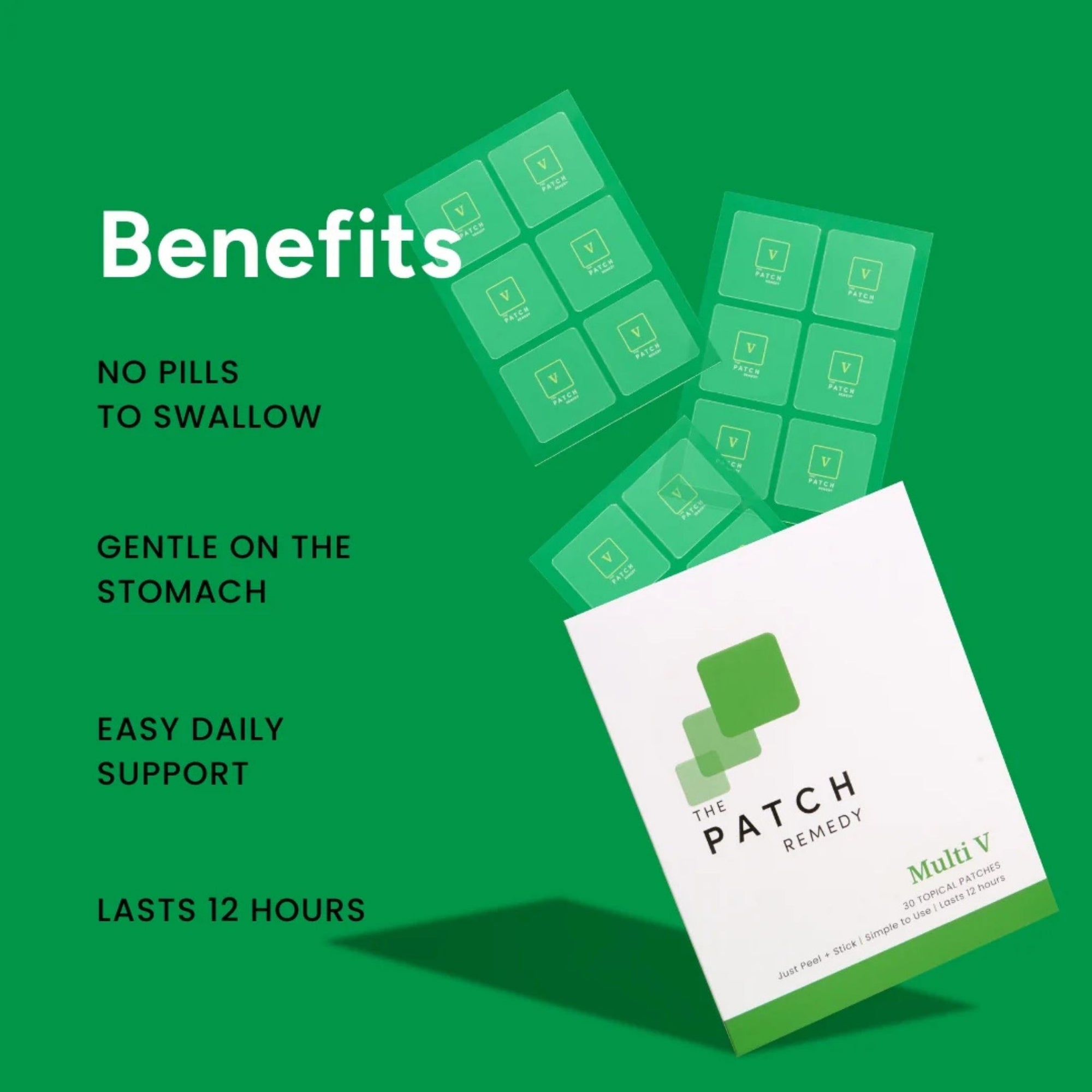 Green packaging of 'The Patch Remedy' with text highlighting benefits on a green background
