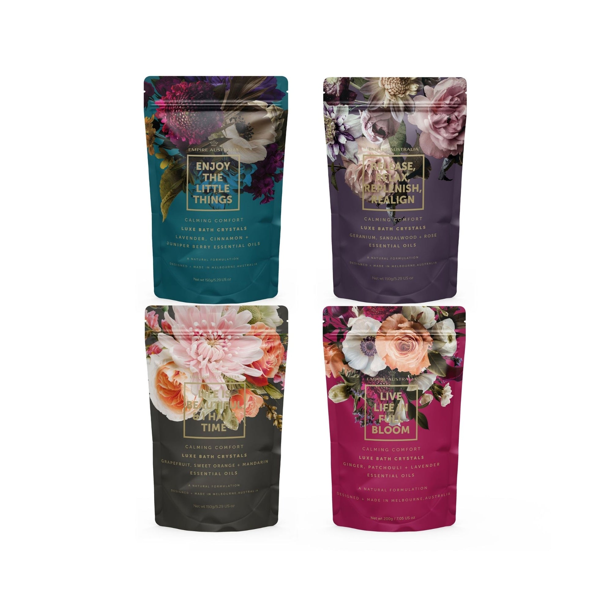 Empire Australia Breathe Out Stress, Breathe In Peace Bath Salts Gift Set 4 scents inside 150 gram each