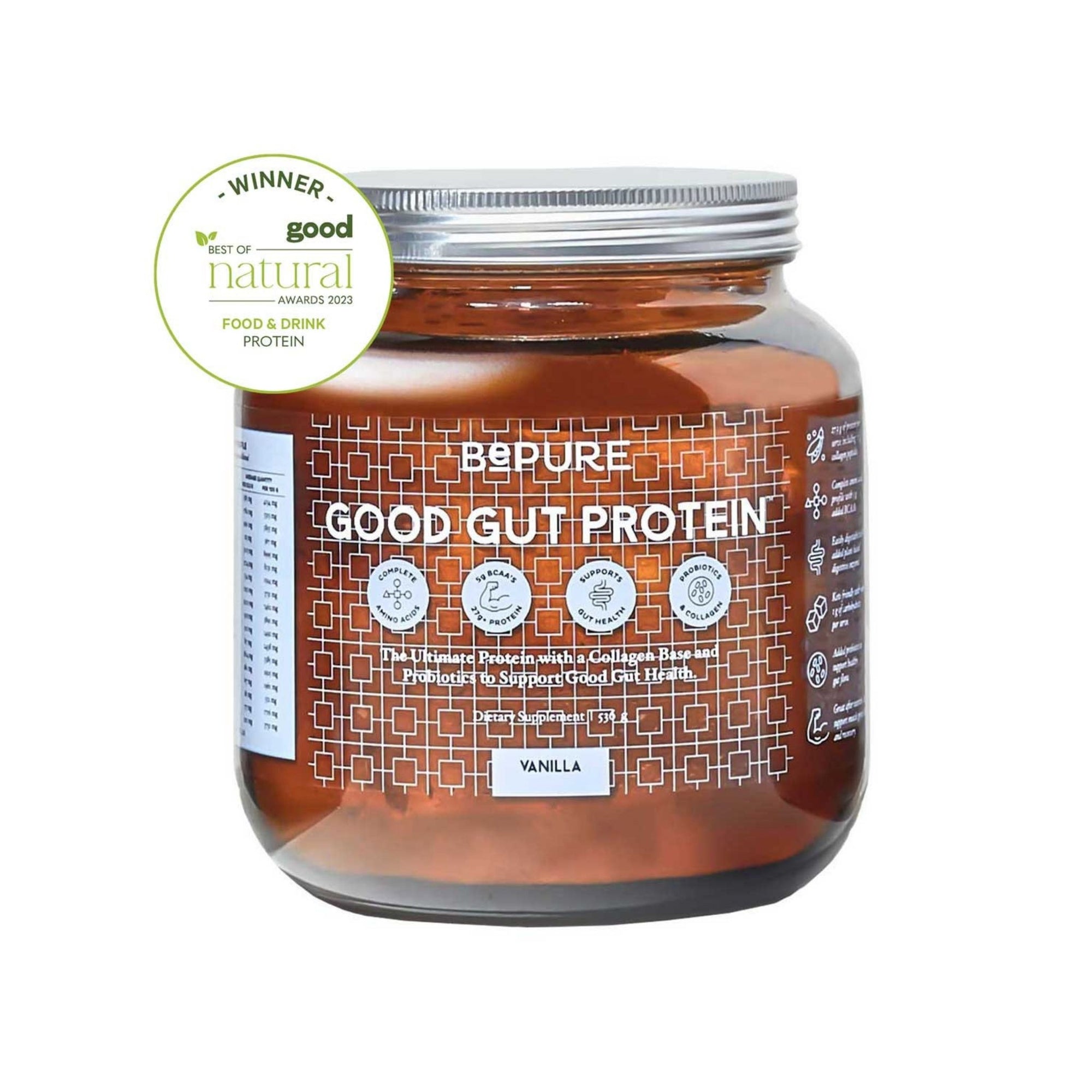 Jar of B3Pure Good Gut Protein vanilla flavour with a silver lid on a white background