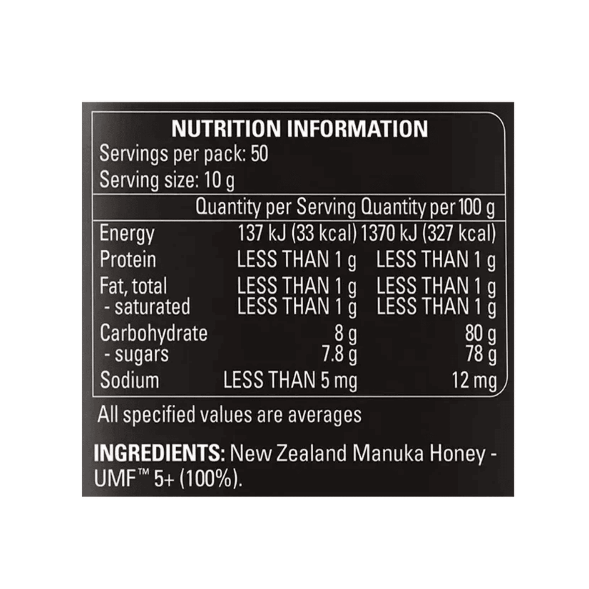 Nutrition information label for Comvita UMF™ 10+ Mānuka Honey 500g