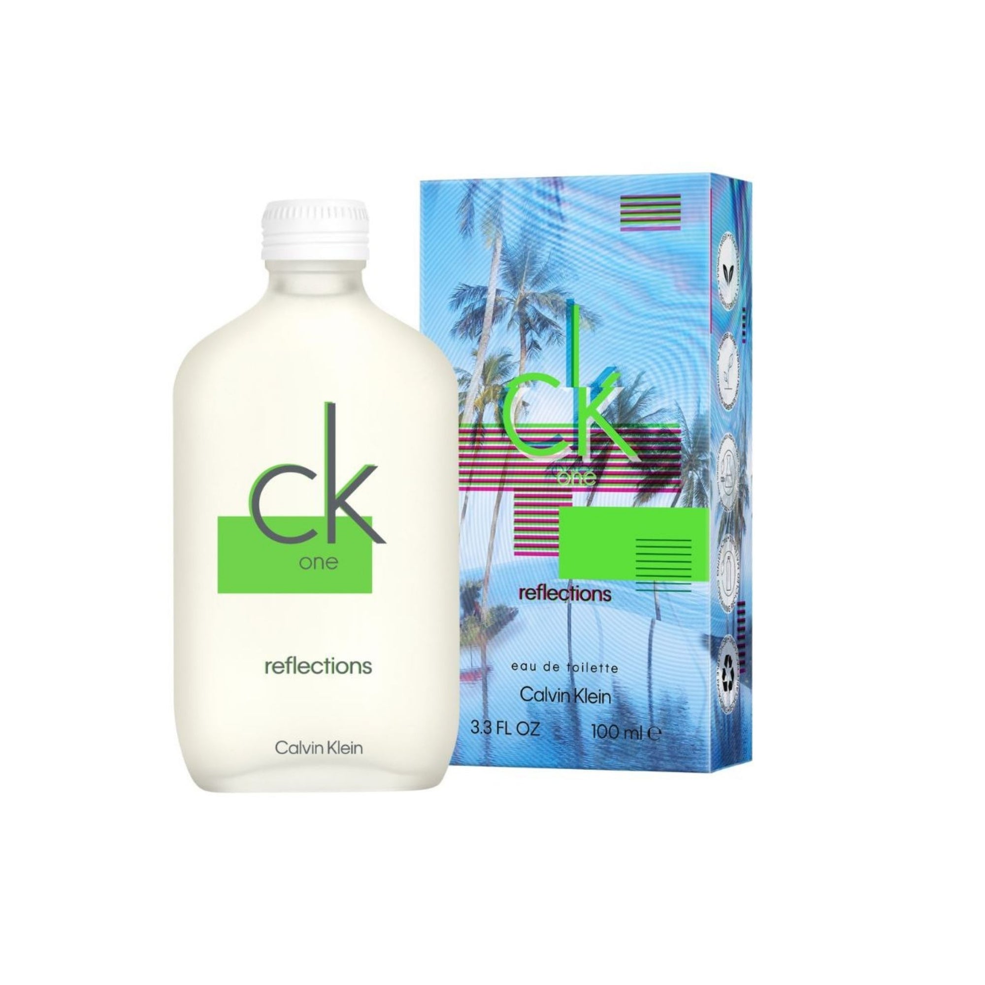 Calvin Klein CK One Reflections bottle and packaging on a white background
