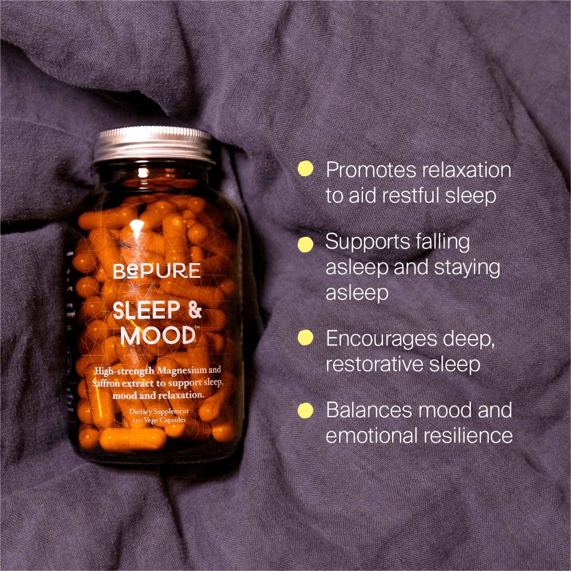 Bottle of BEPURE Sleep & Mood supplement on a purple fabric background with product benefits listed.