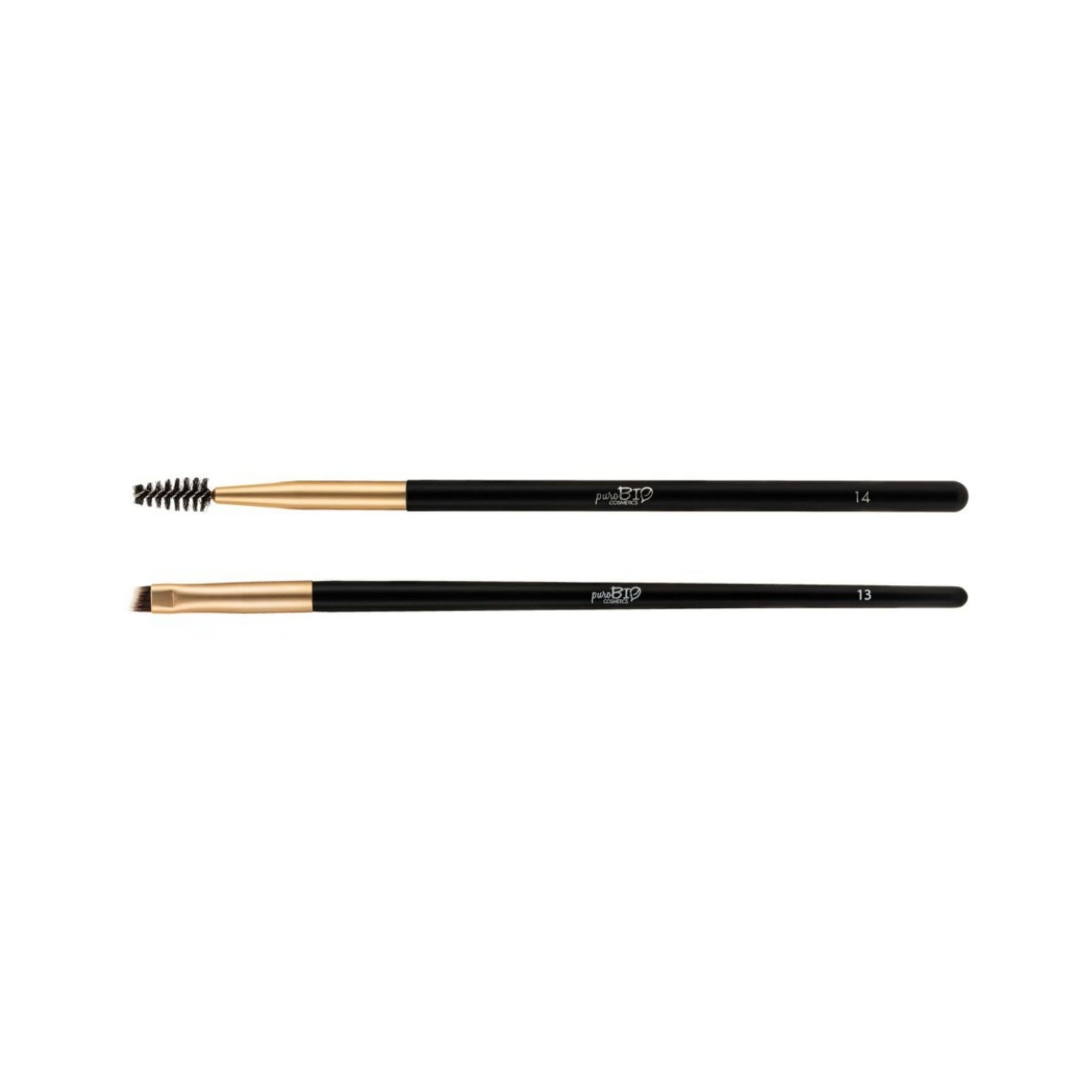 Two makeup PuroBIO Browmade Brush Kit brushes with black handles and gold accents on a white background
