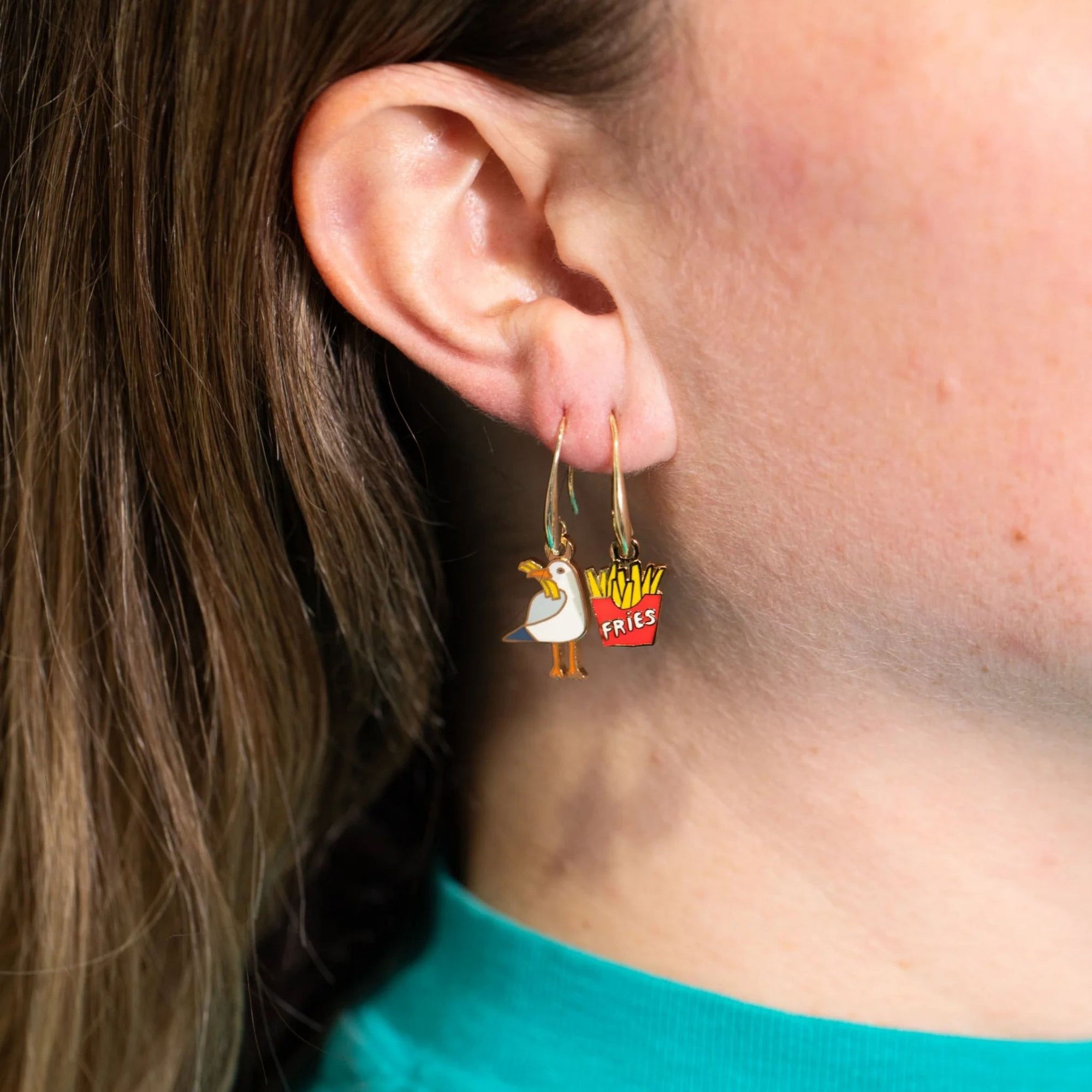 Yellow Owl Workshop Seagull & Fries Drop Earrings on model