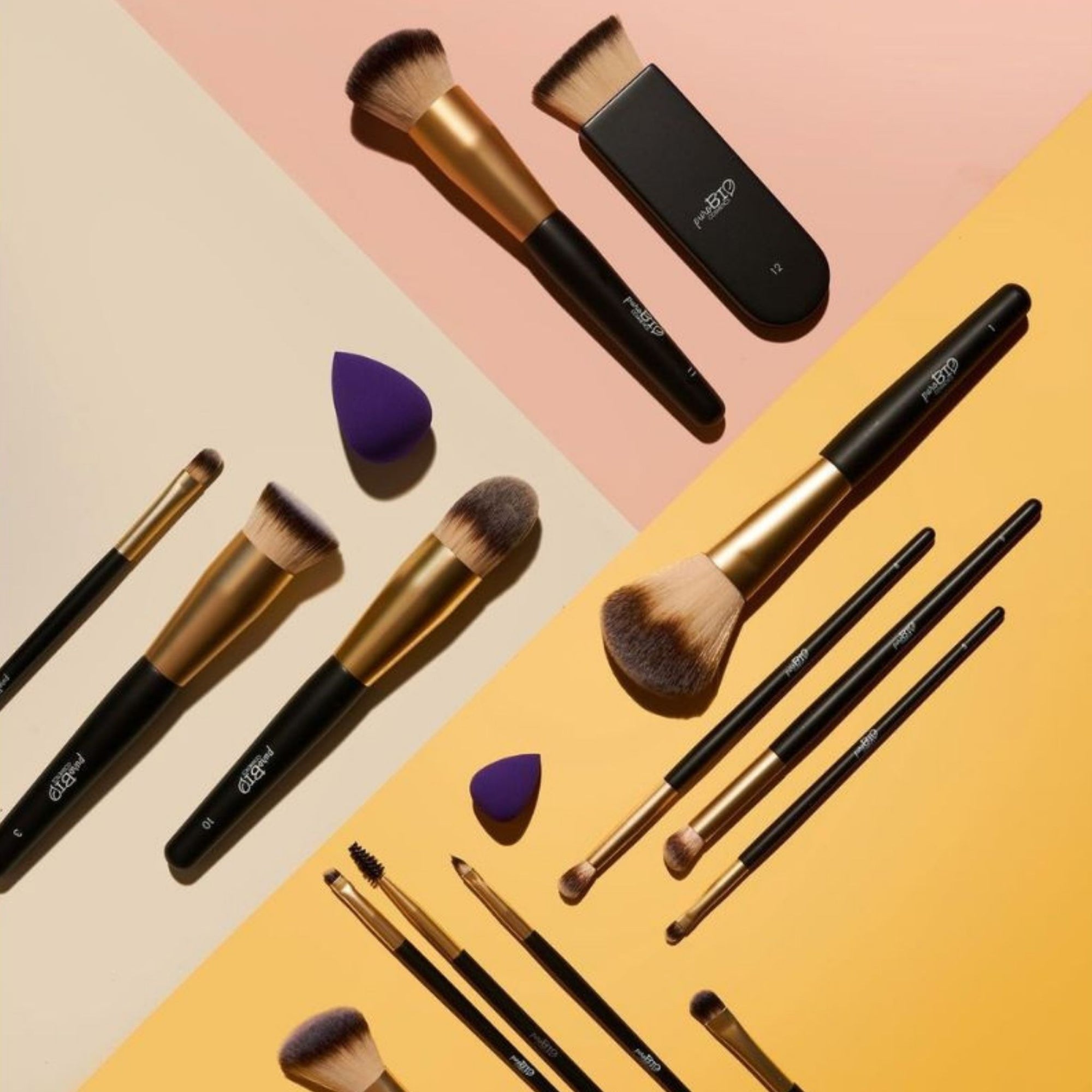 PuroBIO Browmade Brush Kit on a two-tone background