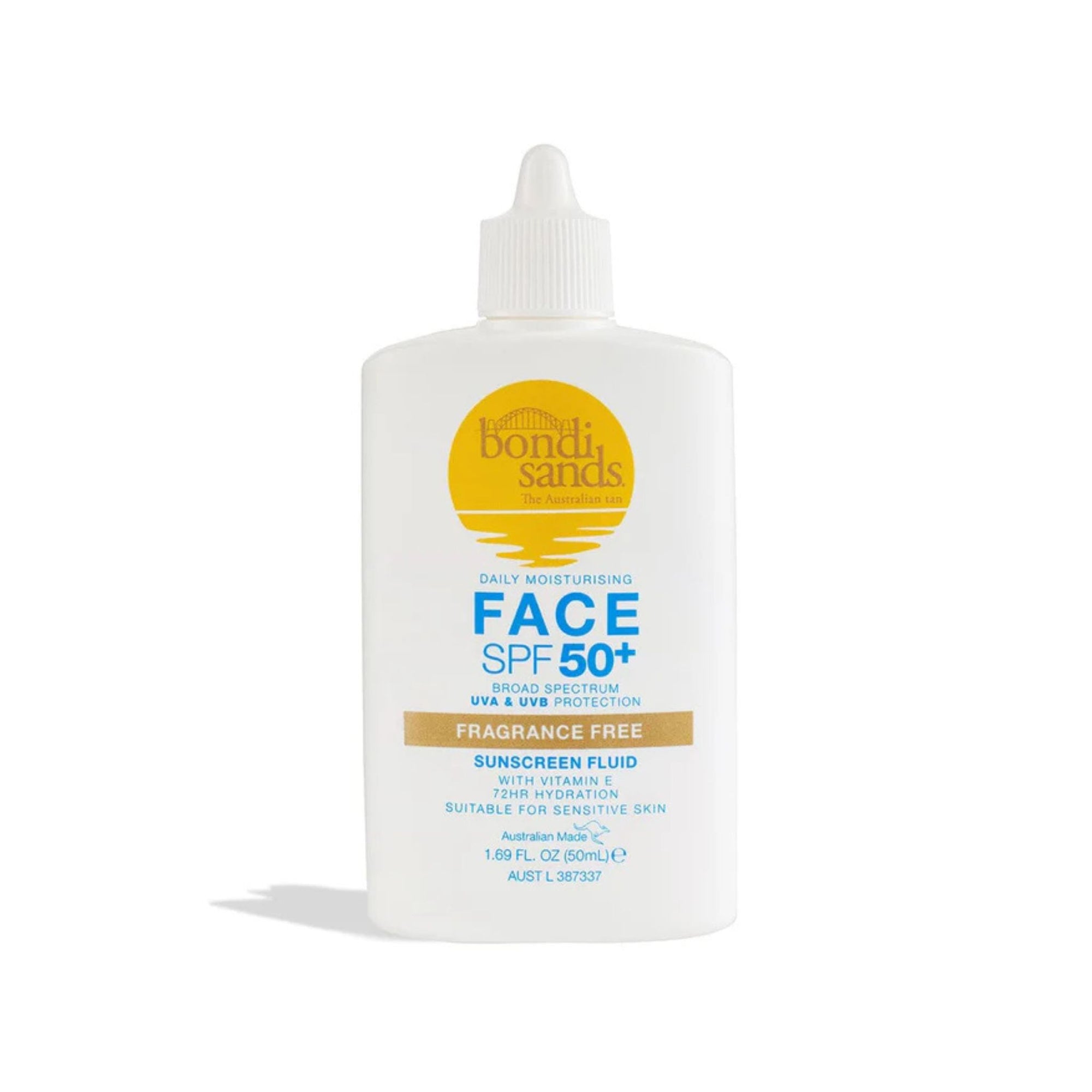Bondi Sands Face SPF 50+ sunscreen fluid bottle on a white background